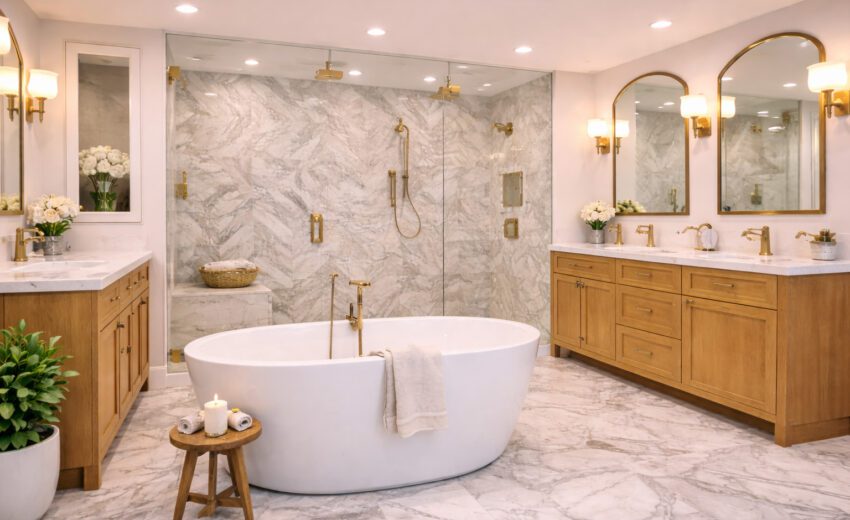Luxurious white marble master bathroom