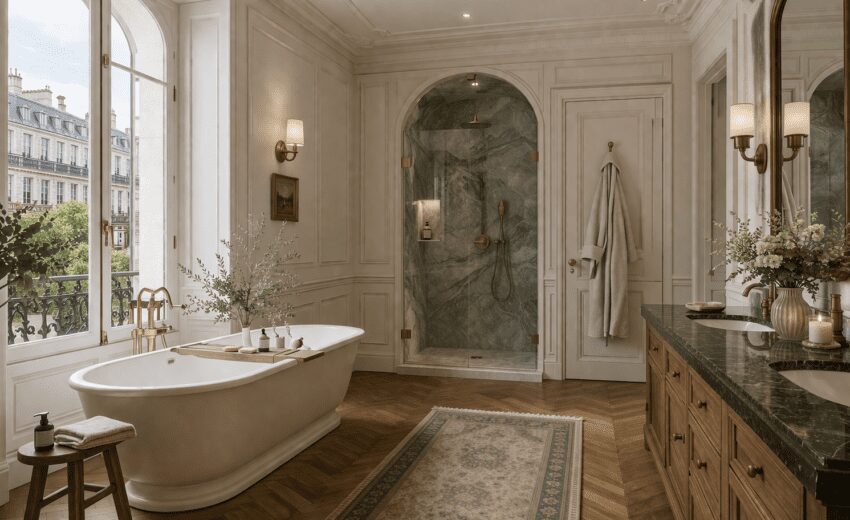 Elegant Parisian bathroom with marble accents