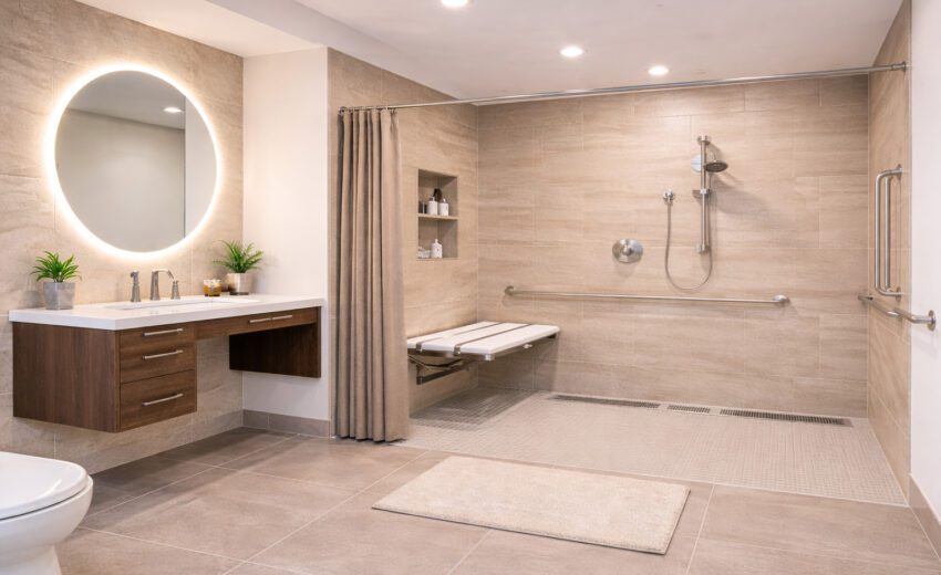 Modern accessible bathroom with floating vanity
