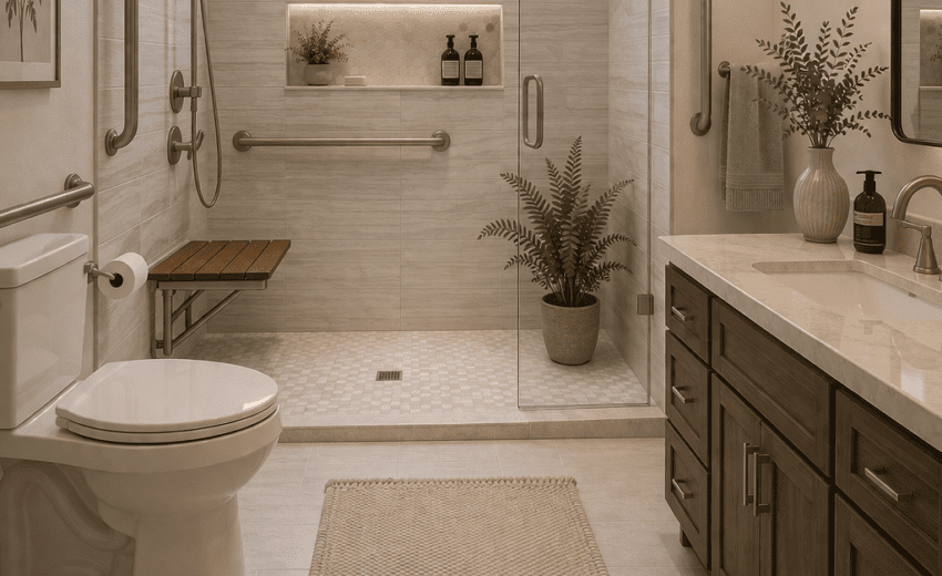 Modern accessible bathroom with warm accents
