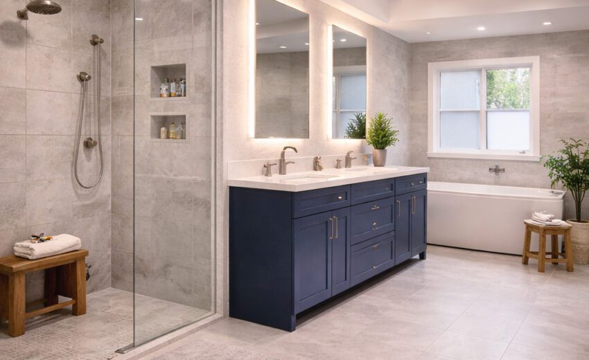 Modern bathroom with freestanding tub and shower