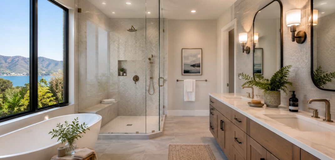 Modern Marin County Bathroom Remodel with Walk-In Shower and Double Vanity