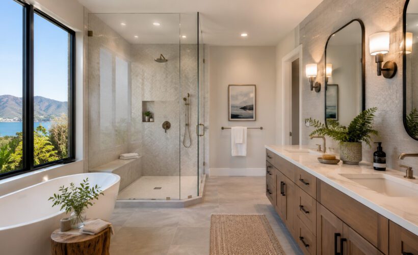 Modern Marin County Bathroom Remodel with Walk-In Shower and Double Vanity