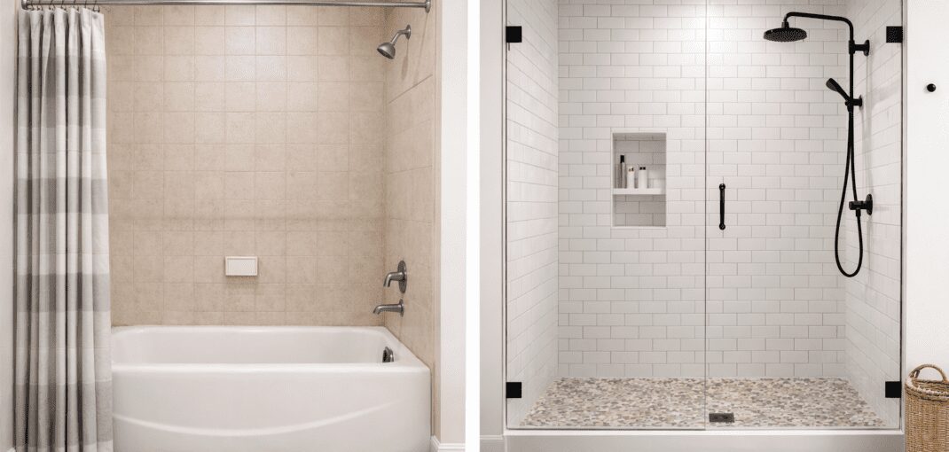 Walk-in shower remodel with glass enclosure and neutral tile in a Marin County bathroom