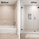 Walk-in shower remodel with glass enclosure and neutral tile in a Marin County bathroom