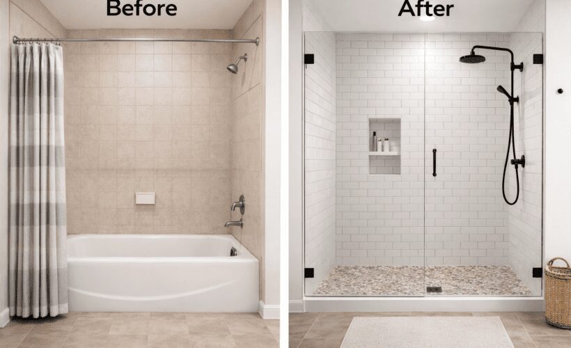 Walk-in shower remodel with glass enclosure and neutral tile in a Marin County bathroom