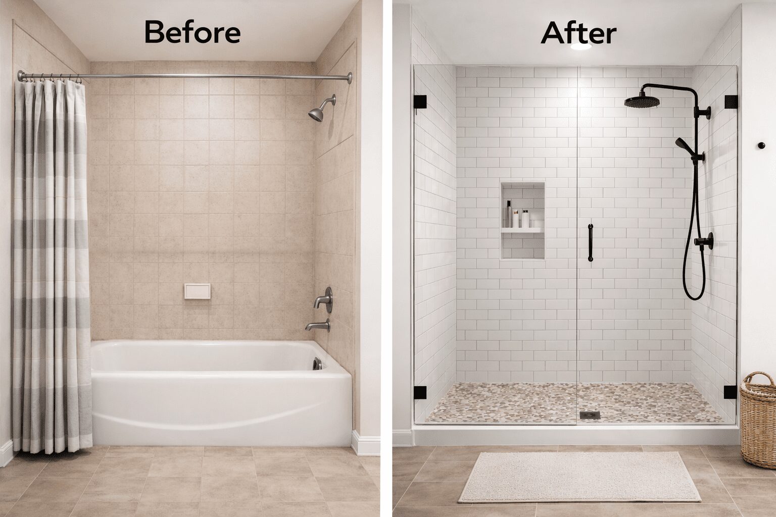 Walk-in shower remodel with glass enclosure and neutral tile in a Marin County bathroom