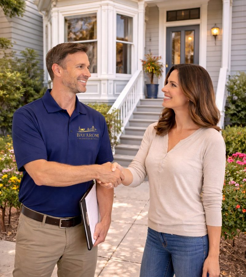 Handshake in front of a Victorian home